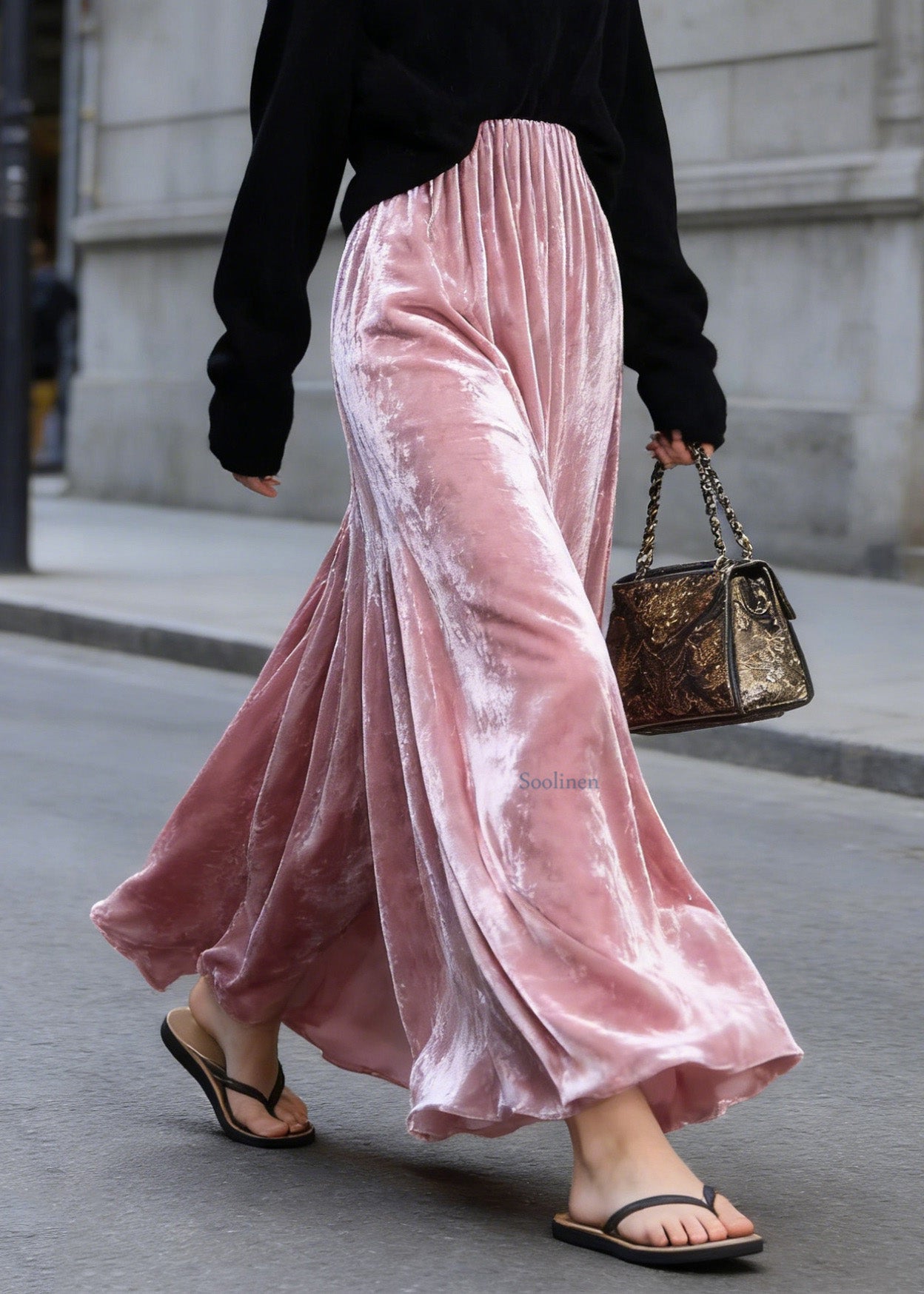 Organic Pink High Waist Wrinkled Velvet Skirts Spring
