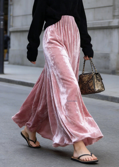 Organic Pink High Waist Wrinkled Velvet Skirts Spring