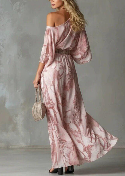 Organic Pink One Shoulder Asymmetrical Print Jumpsuit Flare Sleeve