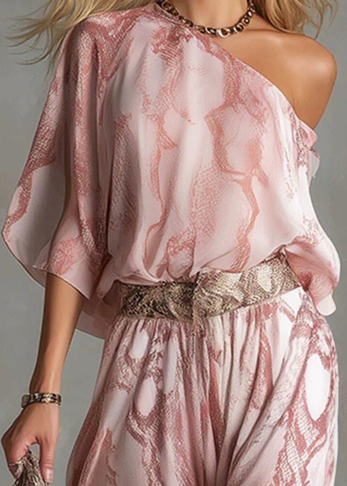 Organic Pink One Shoulder Asymmetrical Print Jumpsuit Flare Sleeve