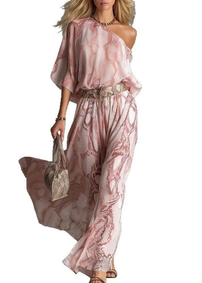 Organic Pink One Shoulder Asymmetrical Print Jumpsuit Flare Sleeve