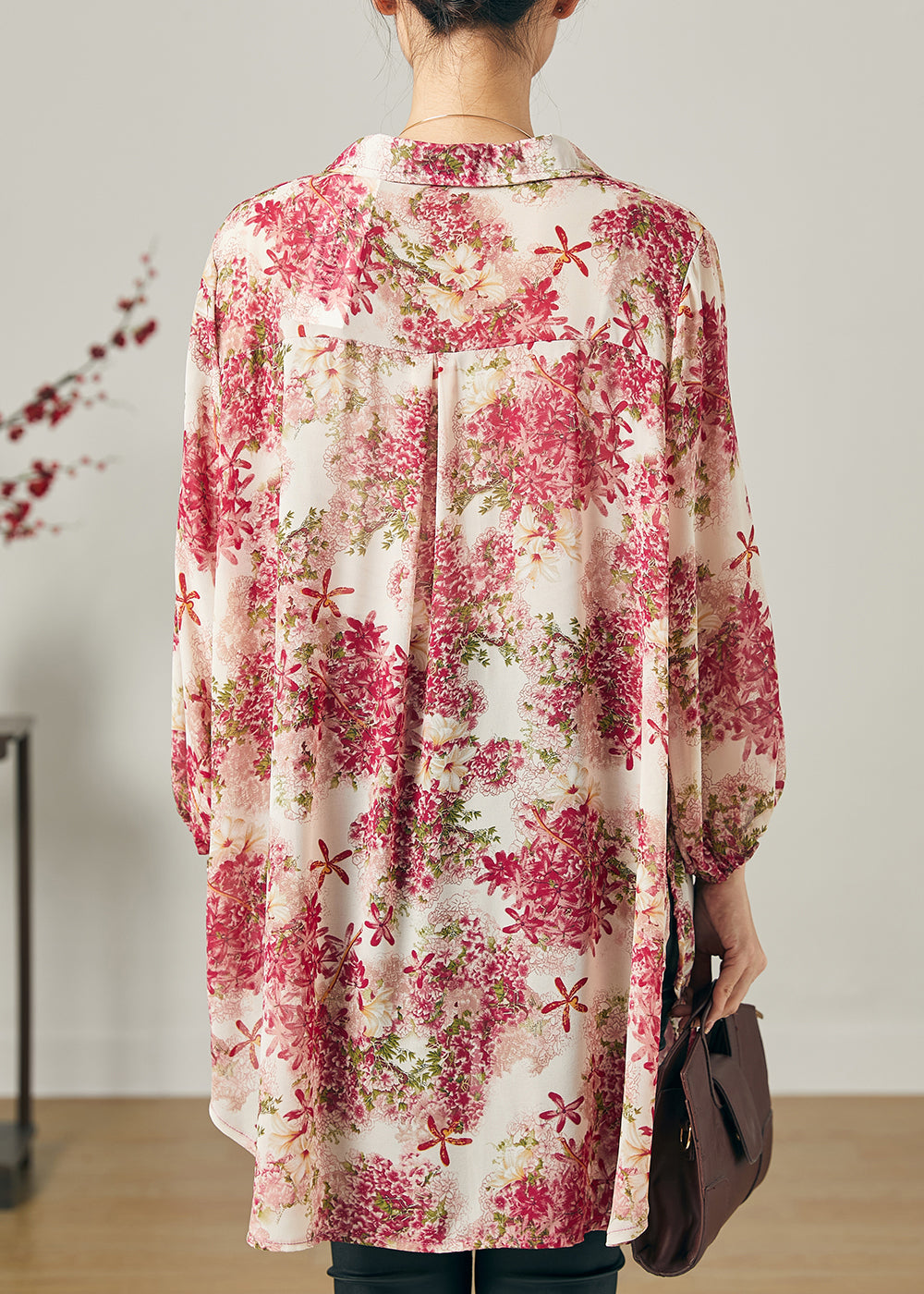 Bio-Chiffon-Bluse mit übergroßem Print, Rosa, Sommer