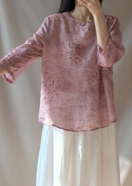 Organic Pink Print Blouses For Women O Neck Chinese Button Daily Tops - SooLinen