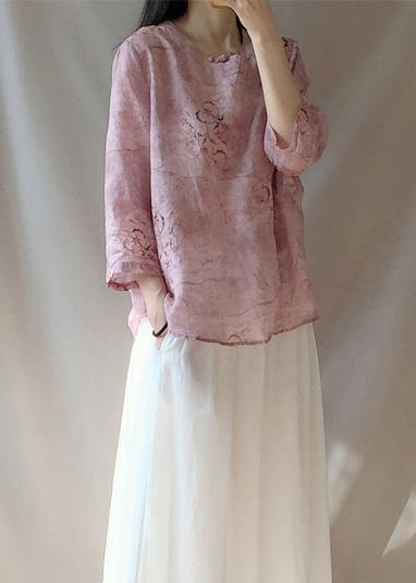 Organic Pink Print Blouses For Women O Neck Chinese Button Daily Tops - SooLinen