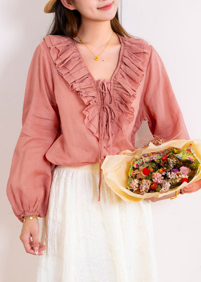 Organic Pink Ruffled Patchwork Linen Blouse Tops Long Sleeve