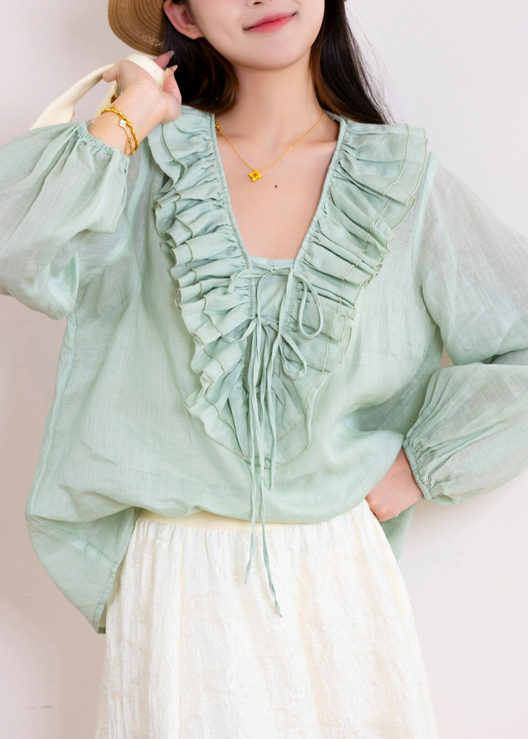 Organic Pink Ruffled Patchwork Linen Blouse Tops Long Sleeve