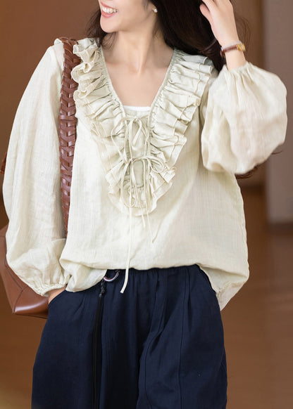 Organic Pink Ruffled Patchwork Linen Blouse Tops Long Sleeve