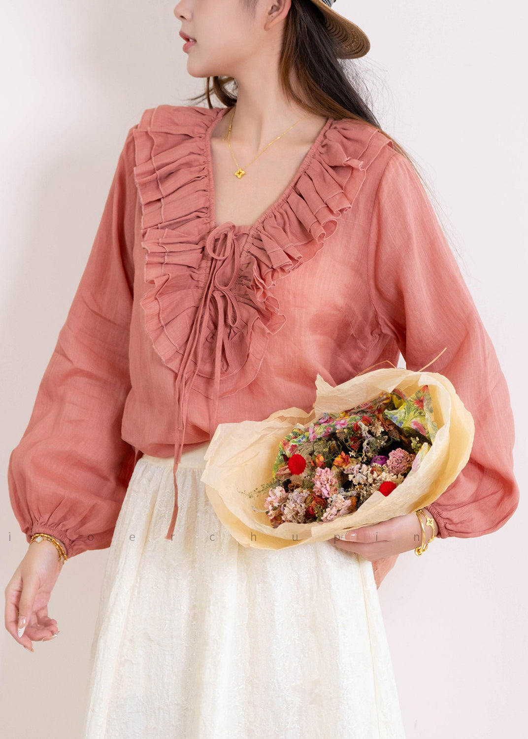 Organic Pink Ruffled Patchwork Linen Blouse Tops Long Sleeve