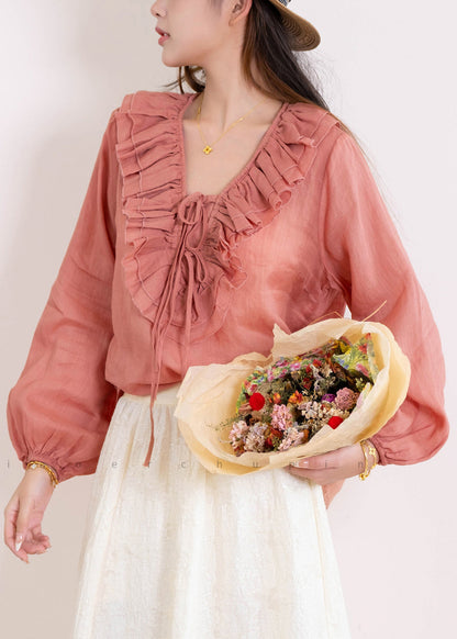 Organic Pink Ruffled Patchwork Linen Blouse Tops Long Sleeve