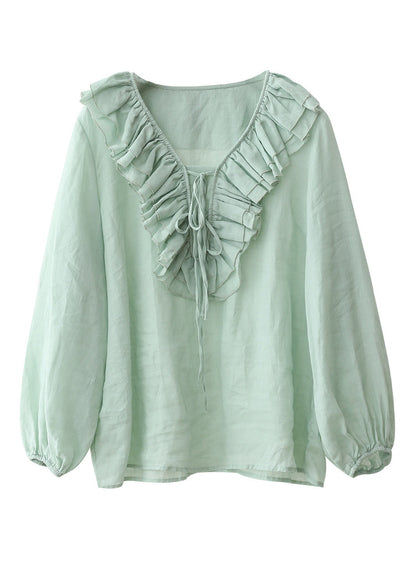 Organic Pink Ruffled Patchwork Linen Blouse Tops Long Sleeve