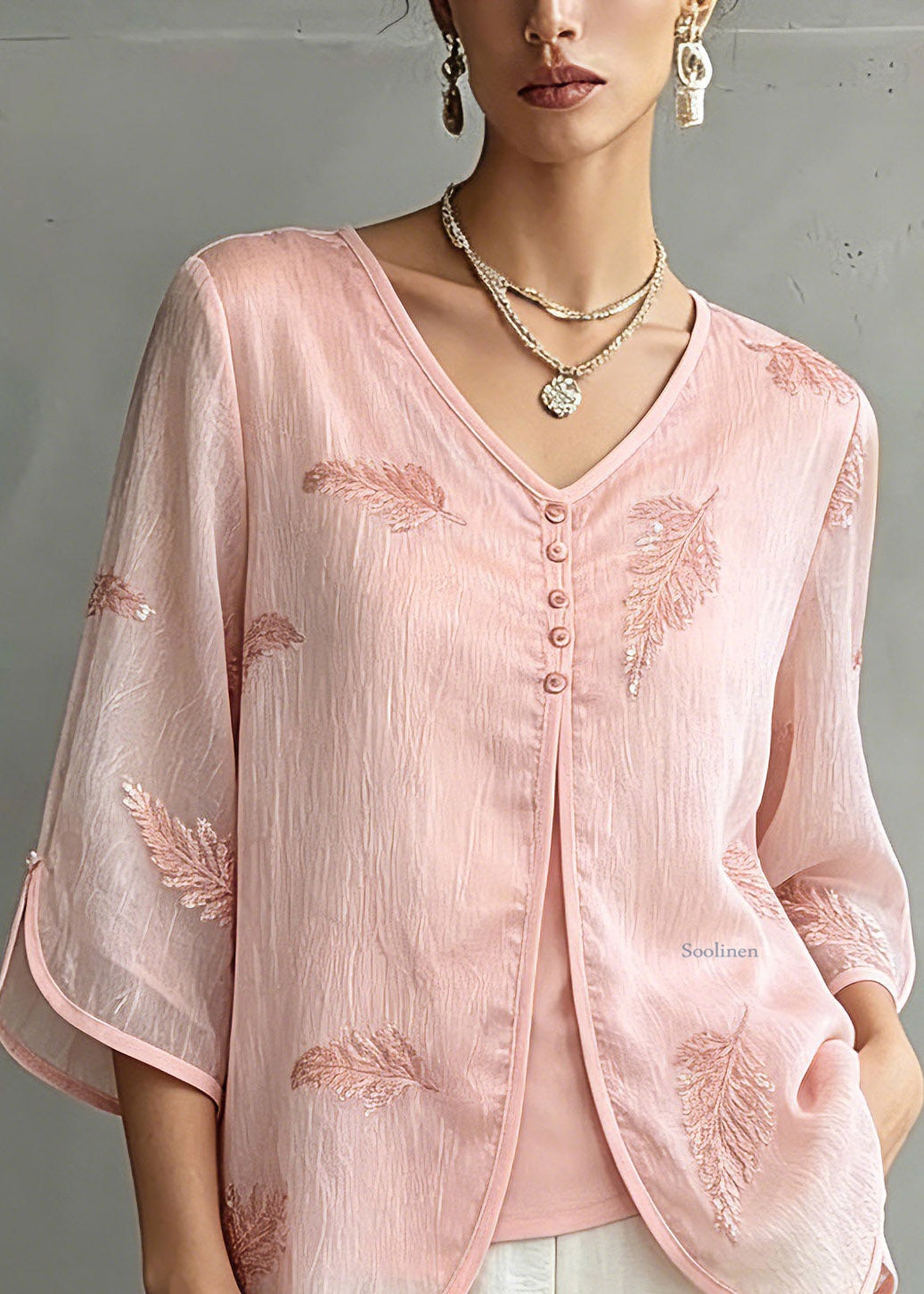 Organic Pink V Neck Print Chiffon Shirts Three Quarter Sleeve