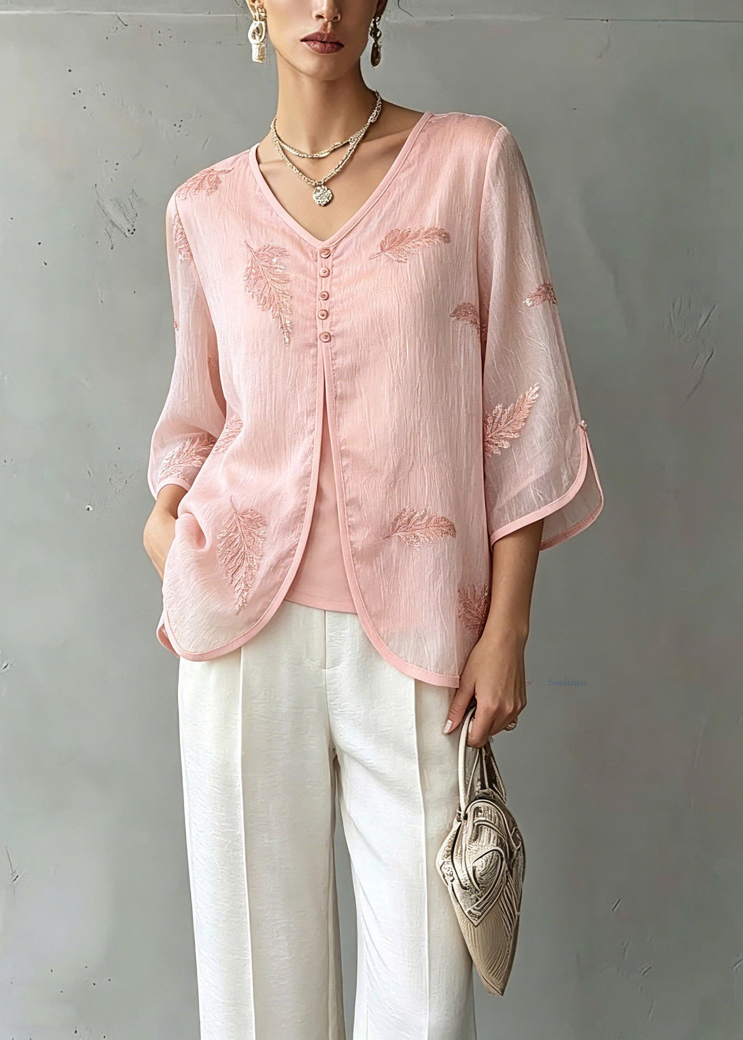 Organic Pink V Neck Print Chiffon Shirts Three Quarter Sleeve