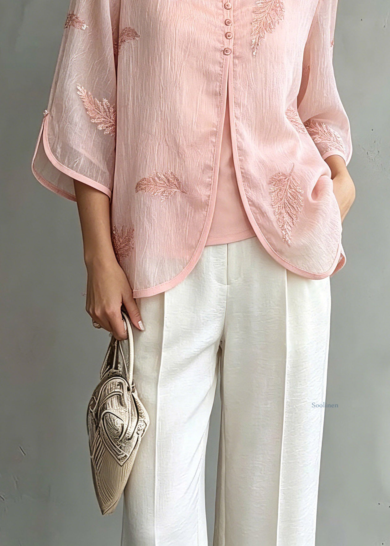 Organic Pink V Neck Print Chiffon Shirts Three Quarter Sleeve