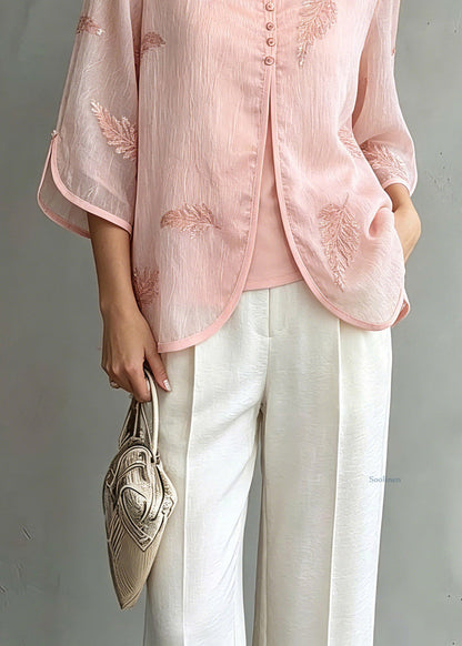 Organic Pink V Neck Print Chiffon Shirts Three Quarter Sleeve