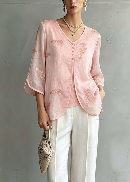 Organic Pink V Neck Print Chiffon Shirts Three Quarter Sleeve