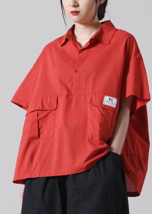 Organic Pink low high design Cotton Short Sleeve Blouses - SooLinen