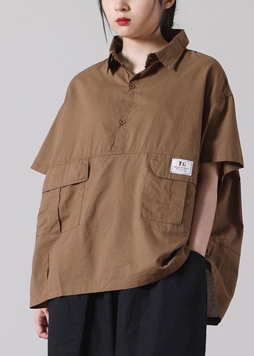 Organic Pink low high design Cotton Short Sleeve Blouses - SooLinen