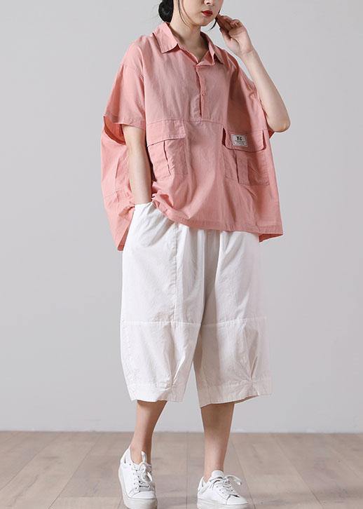 Organic Pink low high design Cotton Short Sleeve Blouses - SooLinen