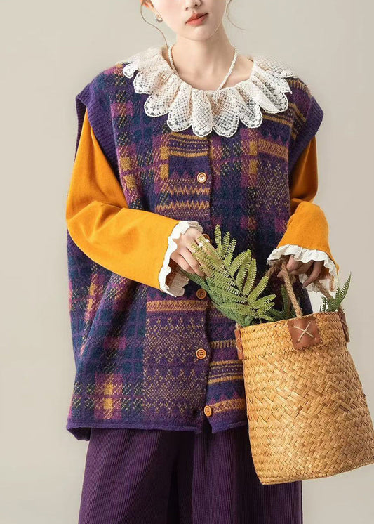 Ärmellose Weste aus Bio-Baumwollstrick, lila kariert, Rundhalsausschnitt