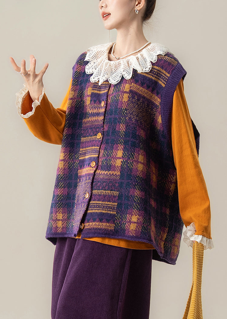 Chaleco de punto de algodón orgánico morado a cuadros con cuello redondo y sin mangas