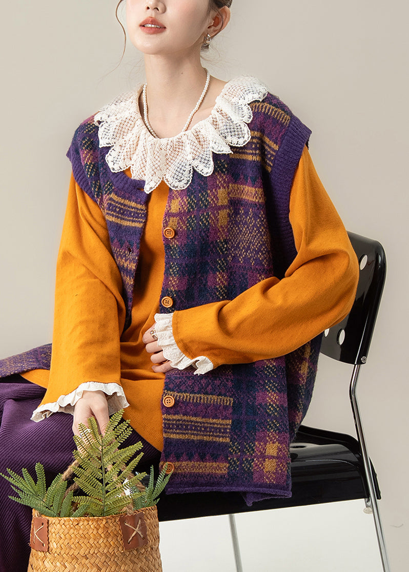 Chaleco de punto de algodón orgánico morado a cuadros con cuello redondo y sin mangas