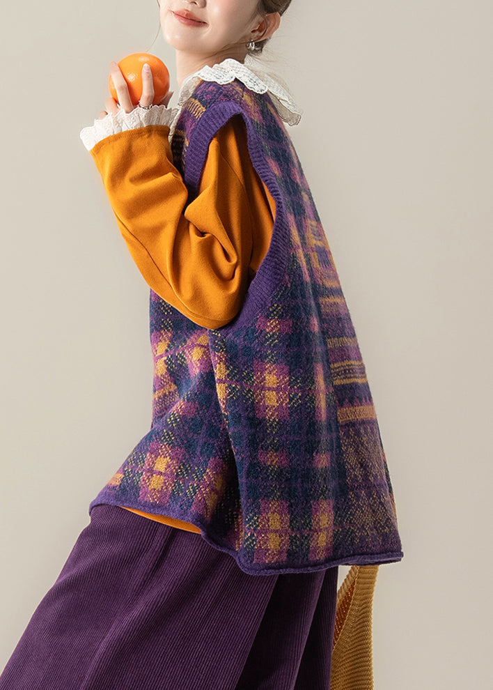 Chaleco de punto de algodón orgánico morado a cuadros con cuello redondo y sin mangas