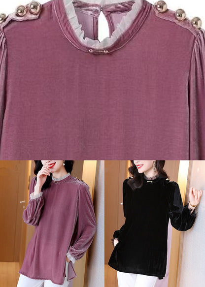 Camiseta de terciopelo de seda con cuello alto morado orgánico de otoño