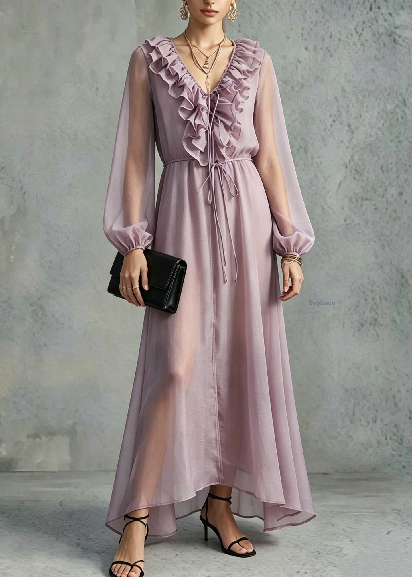 Organic Purple Tie Lace Ruffled Silk Maxi Dresses Lantern Sleeve