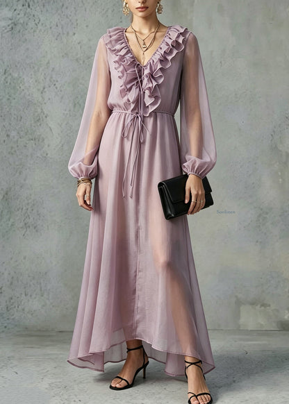 Organic Purple Tie Lace Ruffled Silk Maxi Dresses Lantern Sleeve