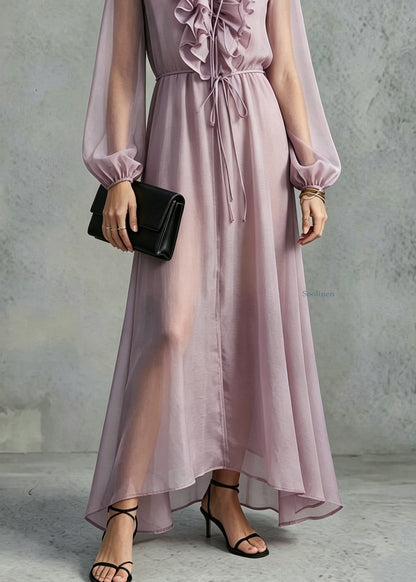 Organic Purple Tie Lace Ruffled Silk Maxi Dresses Lantern Sleeve