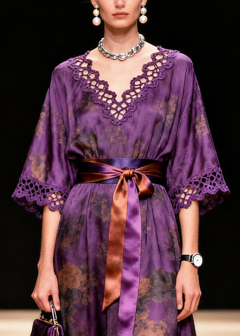 Organic Purple Tie Waist Print Silk Party Dress Summer