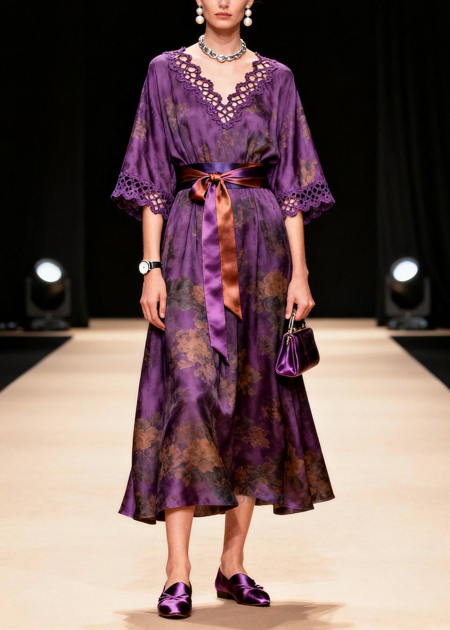 Organic Purple Tie Waist Print Silk Party Dress Summer
