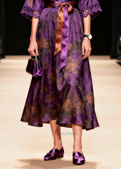 Organic Purple Tie Waist Print Silk Party Dress Summer