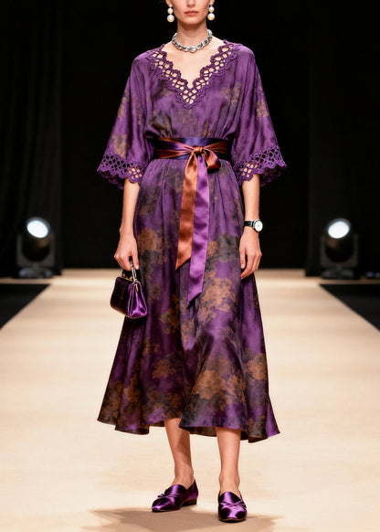 Organic Purple Tie Waist Print Silk Party Dress Summer