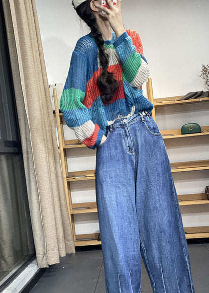 Bio Regenbogen Patchwork Lockere Lässige Herbst Strickpullover