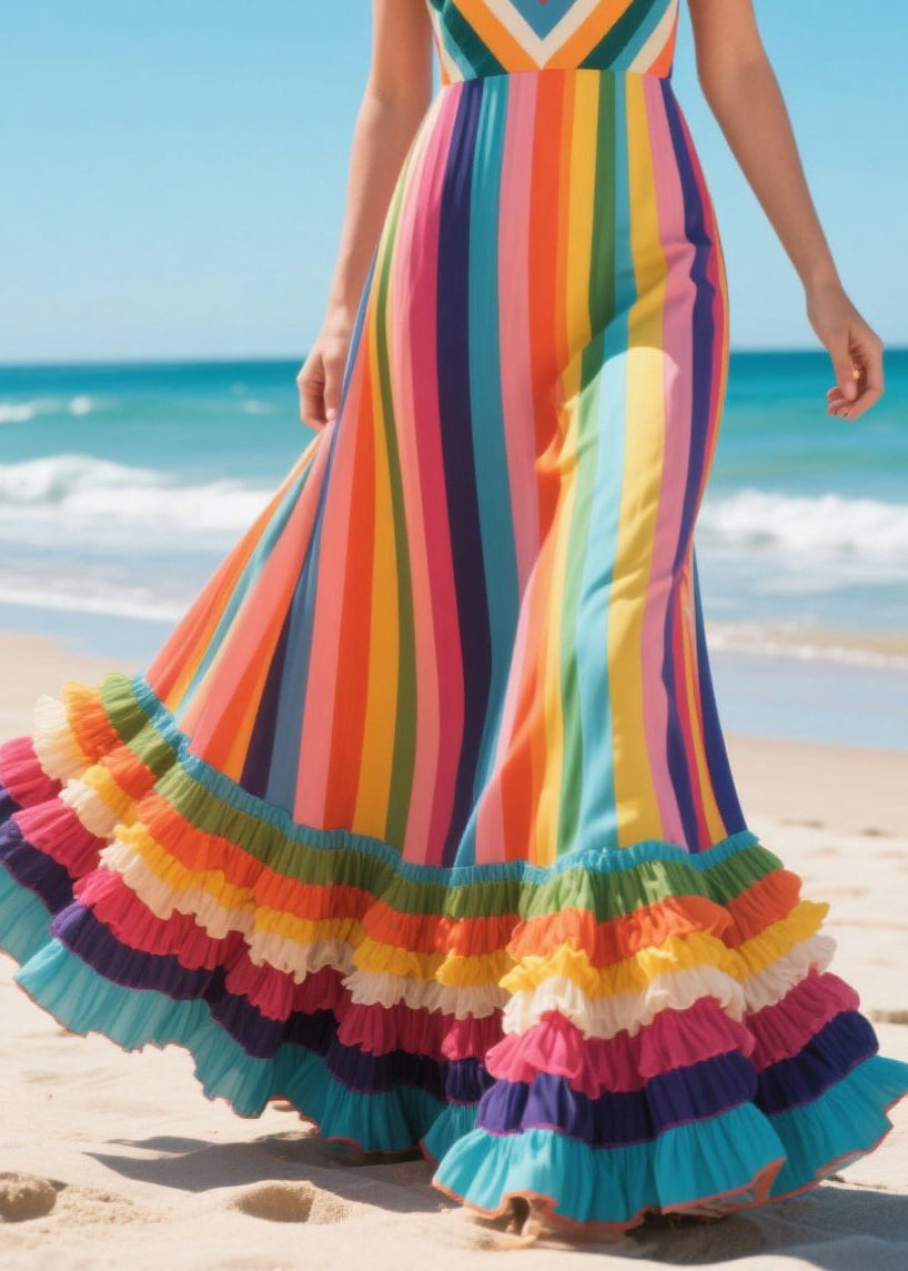 Organic Rainbow Ruffled Patchwork Chiffon Cami Dresses Summer
