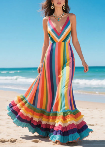 Organic Rainbow Ruffled Patchwork Chiffon Cami Dresses Summer