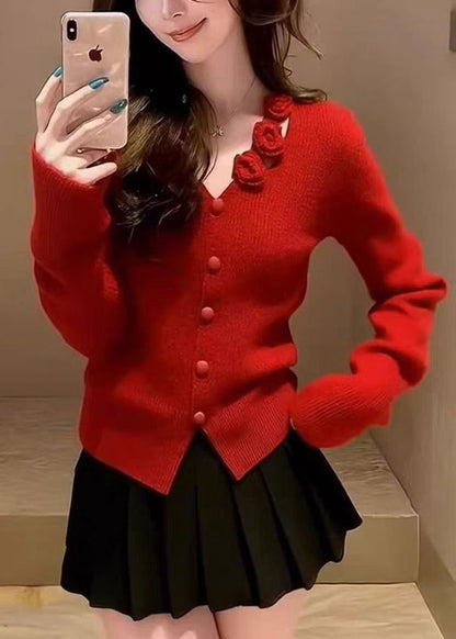Organic Red Floral Button Cotton Knit Sweater Spring