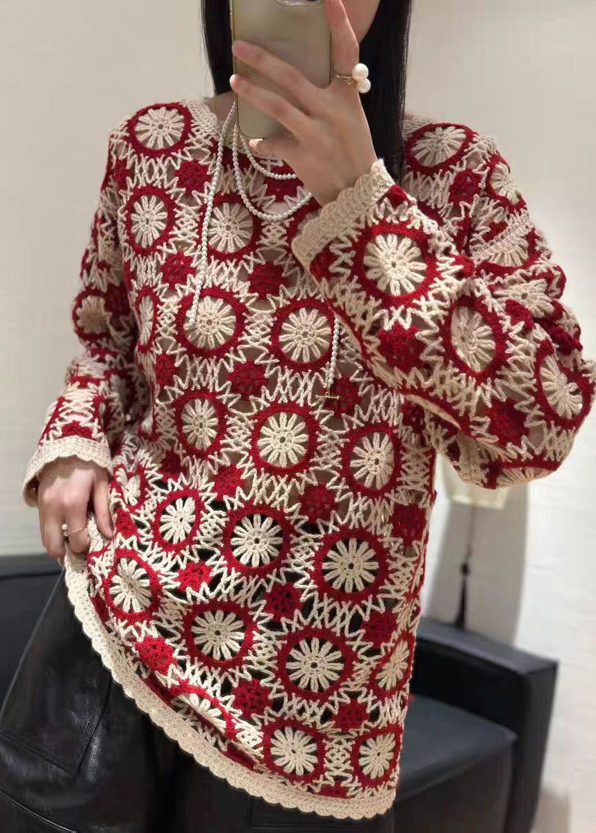 Suéteres de punto bordados con cuello redondo en rojo orgánico para primavera