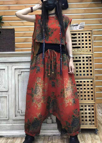 Conjunto de dos piezas sin mangas de otoño con diseño bajo y alto con estampado orgánico de cuello redondo en rojo