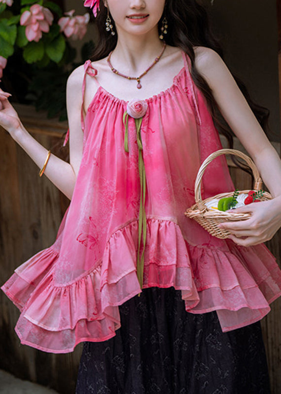 Organic Red Ruffled Patchwork Rose T Shirts And Wide Leg Pants Two Pieces Set Summer
