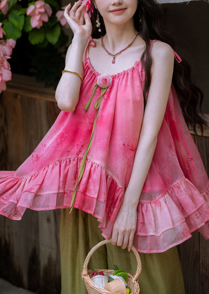 Organic Red Ruffled Patchwork Rose T Shirts And Wide Leg Pants Two Pieces Set Summer