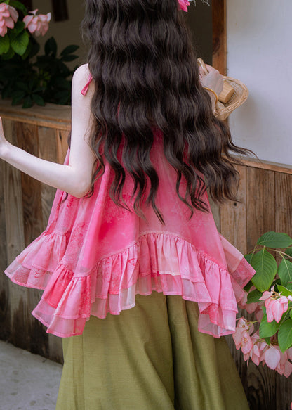 Organic Red Ruffled Patchwork Rose T Shirts And Wide Leg Pants Two Pieces Set Summer