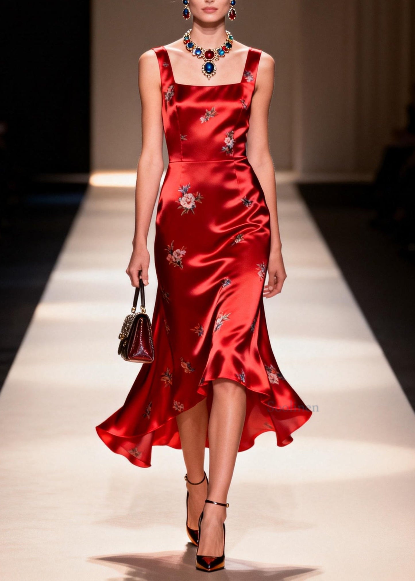 Organic Red Square Collar Jacquard Silk Dresses Sleeveless