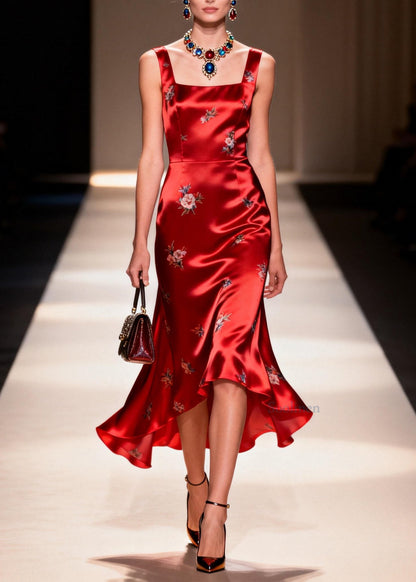 Organic Red Square Collar Jacquard Silk Dresses Sleeveless