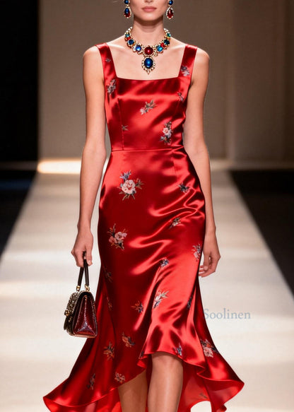 Organic Red Square Collar Jacquard Silk Dresses Sleeveless