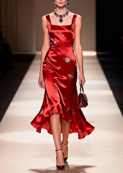 Organic Red Square Collar Jacquard Silk Dresses Sleeveless