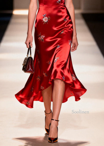 Organic Red Square Collar Jacquard Silk Dresses Sleeveless