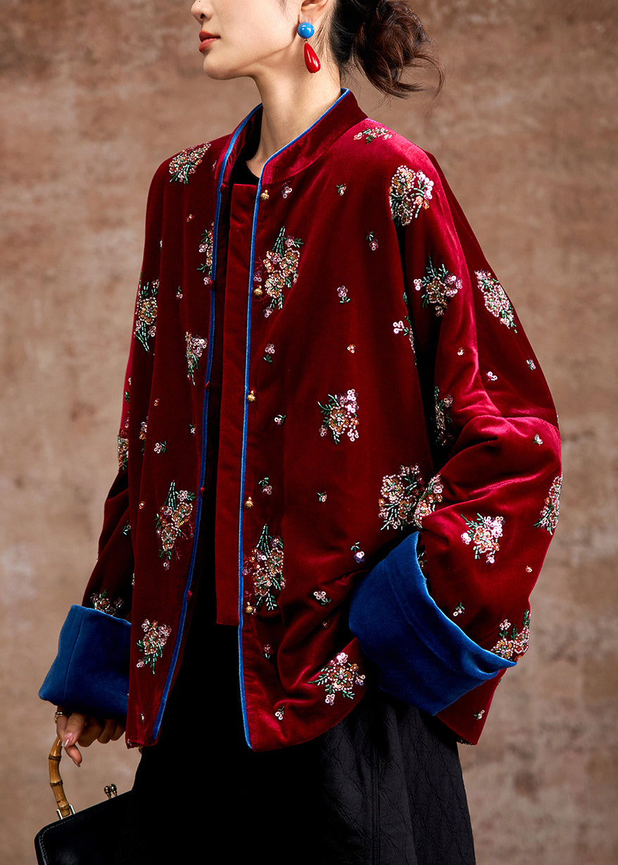 Bio-Parka-Mäntel aus rotem, besticktem Seidensamt mit Stehkragen für den Winter