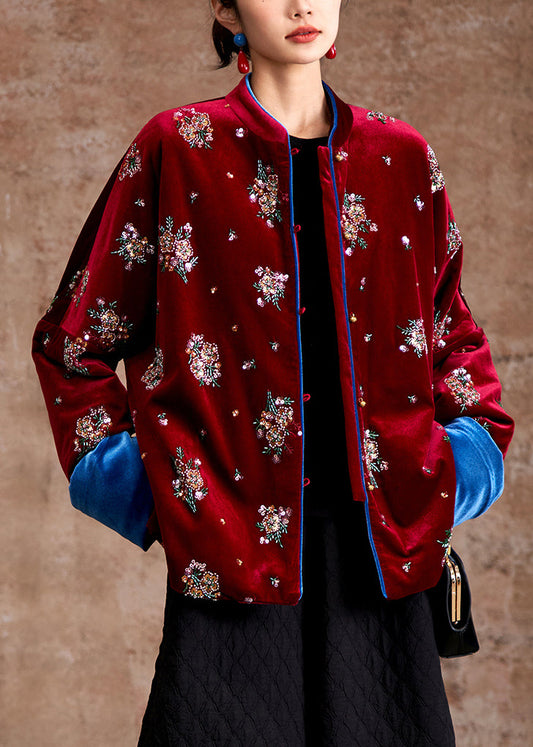 Organic Red Stand Collar Embroidered Silk Velvet Parka Coats Winter